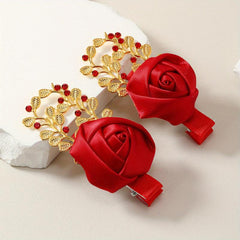 2pcs Rose & Rhinestone Decor Hair Clip Barrette Headwear