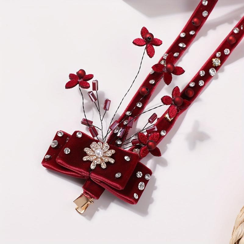 Red Flower Bow Decor Hair Clip Set Beaded Tassel Wedding Bridal Hair Clip