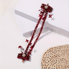 Red Flower Bow Decor Hair Clip Set Beaded Tassel Wedding Bridal Hair Clip