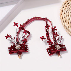 Red Flower Bow Decor Hair Clip Set Beaded Tassel Wedding Bridal Hair Clip