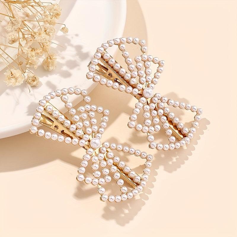 2pcs Faux Pearl Hair Clip Hollow Bow Decor Duck Billed Clip Alloy Hair Clip