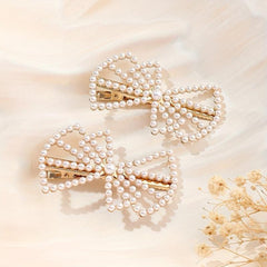 2pcs Faux Pearl Hair Clip Hollow Bow Decor Duck Billed Clip Alloy Hair Clip