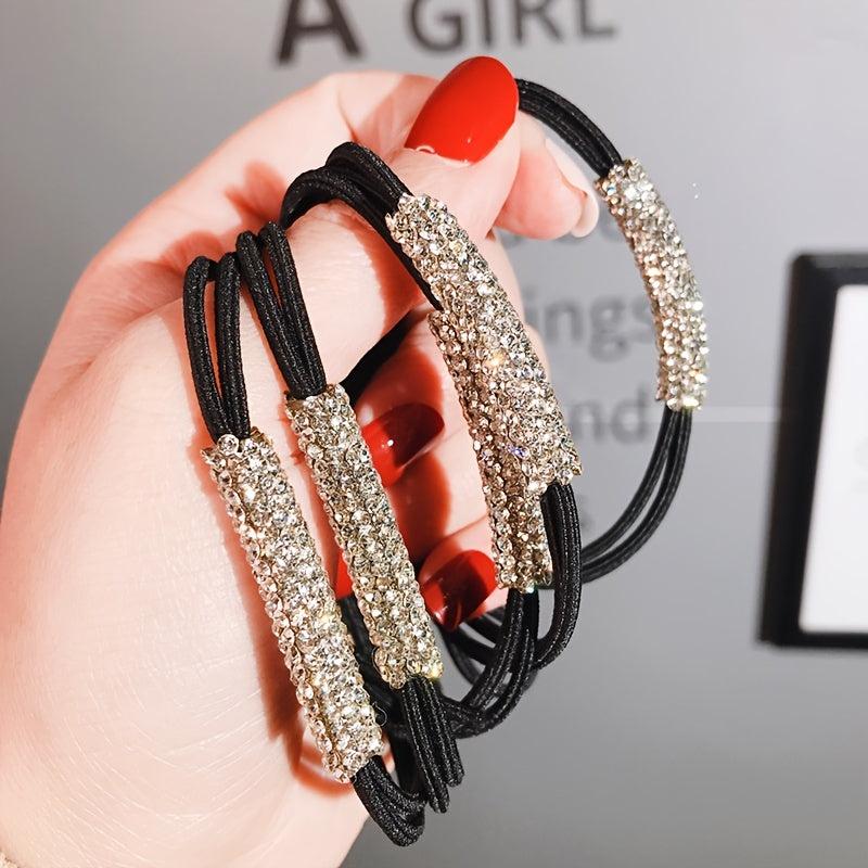 3pcs Rhinestone Hair Elastics Woven Stretchy Rubber Bands Ponytail Holder