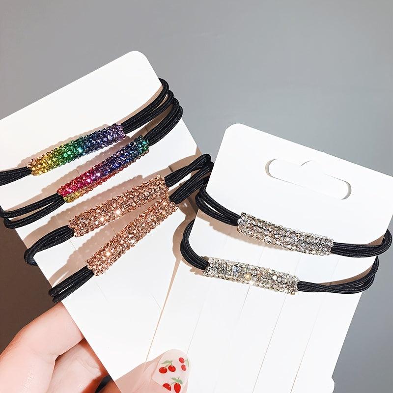 3pcs Rhinestone Hair Elastics Woven Stretchy Rubber Bands Ponytail Holder