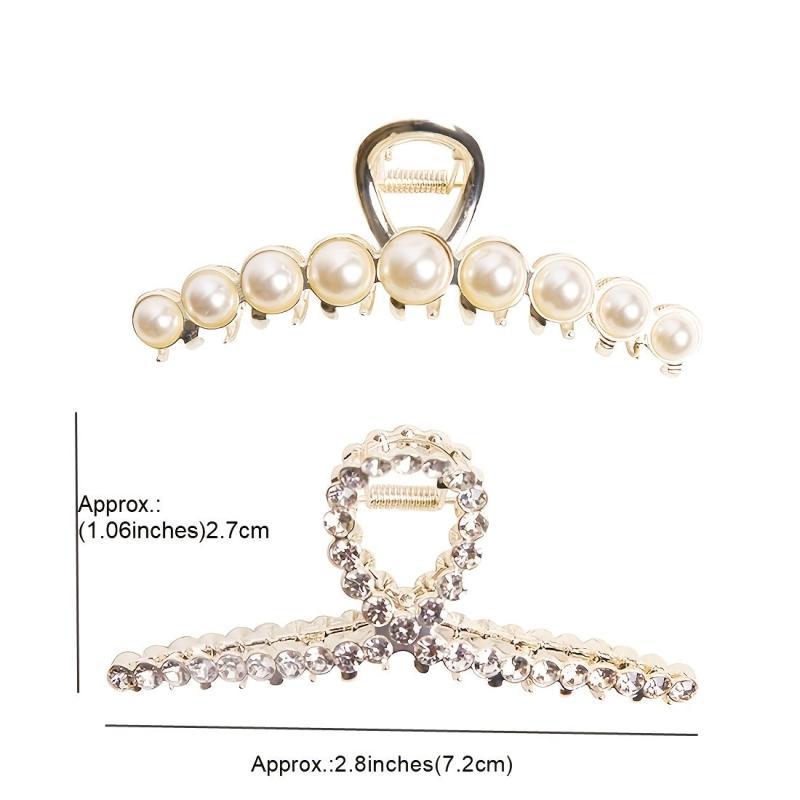 Vintage Metal Rhinestone Hair Claw Clips Large Size Pearl Hair Jaw Clips