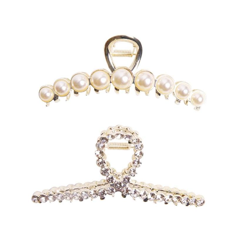 Vintage Metal Rhinestone Hair Claw Clips Large Size Pearl Hair Jaw Clips