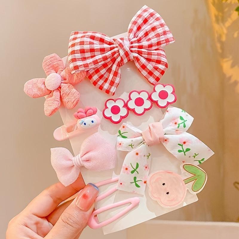 9pcs Hair Clip Cartoon Plaid Bow Flower Hair Accessories