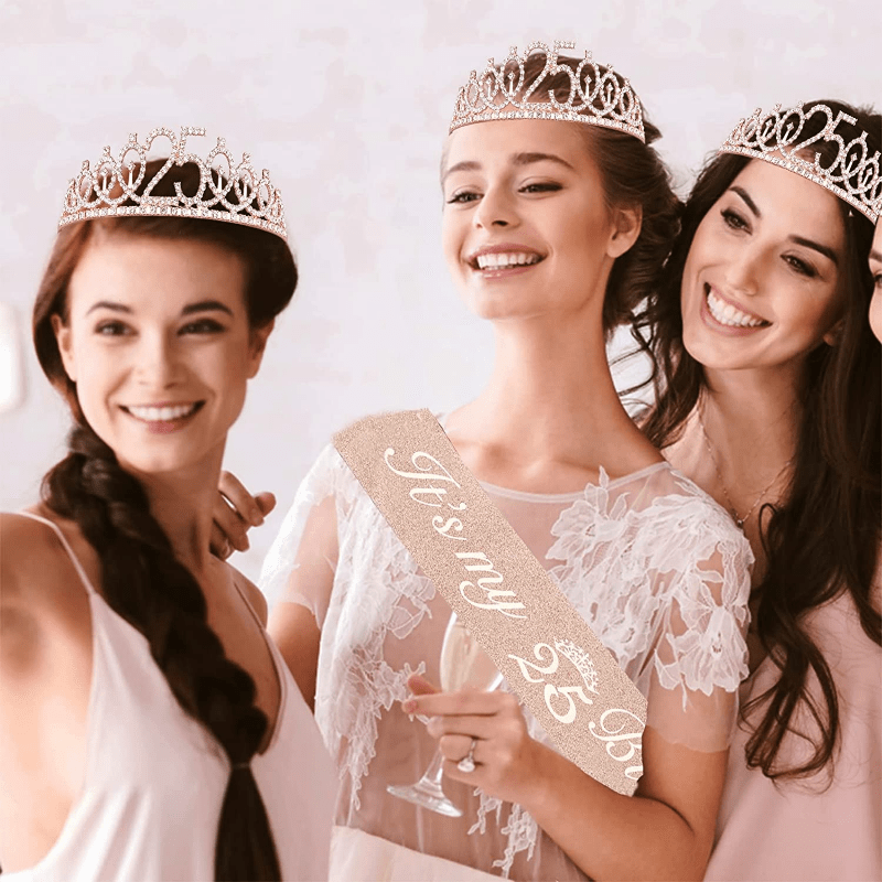 Golden Birthday Crown and Sash Set for Women, 25th Birthday Gift