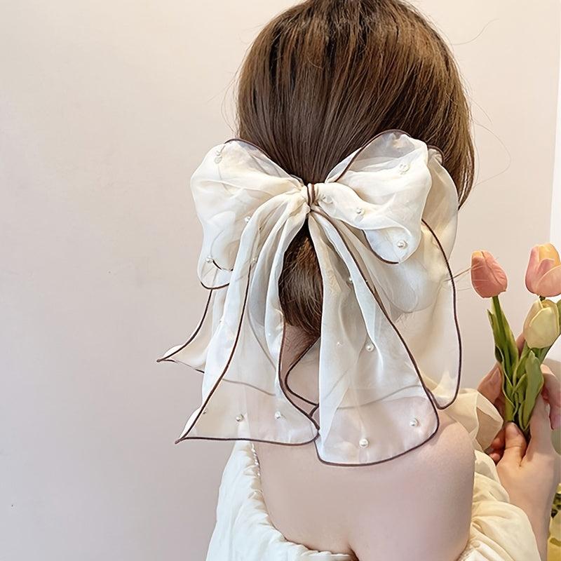 Chiffon Bow Pearl Streamer Hairpin Headwear