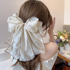 Chiffon Bow Pearl Streamer Hairpin Headwear