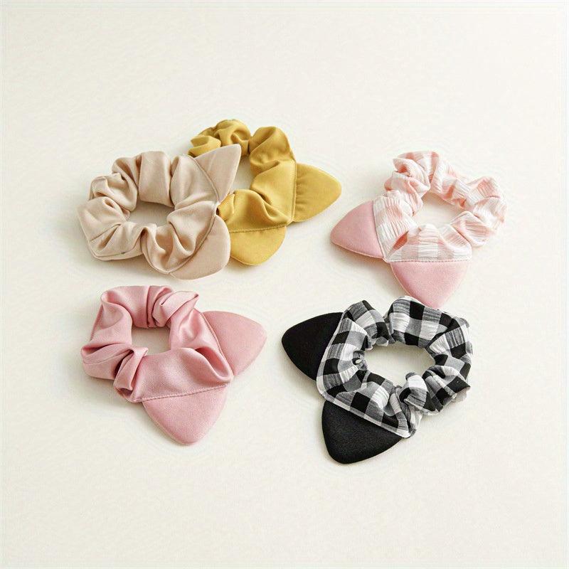 5pcs Cat Ears Scrunchies Plaid Hair Tie Soft Elastic Ponytail Holder Hair Rope