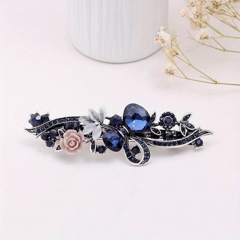Vintage Rhinestone Barrette Crystal Flower Hair Clip Metal Hair Clip