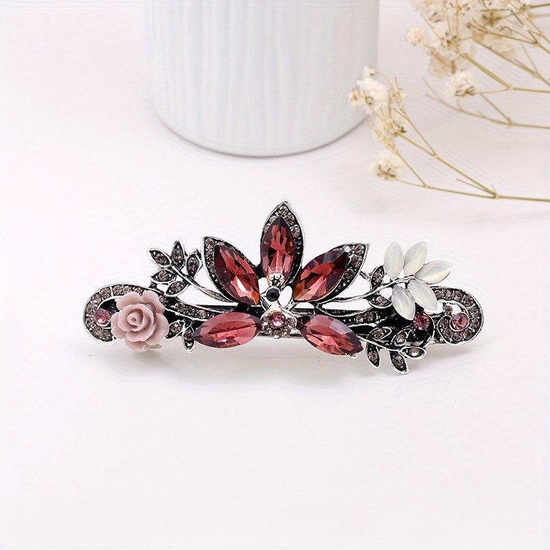 Vintage Rhinestone Barrette Crystal Flower Hair Clip Metal Hair Clip