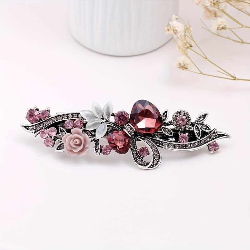 Vintage Rhinestone Barrette Crystal Flower Hair Clip Metal Hair Clip