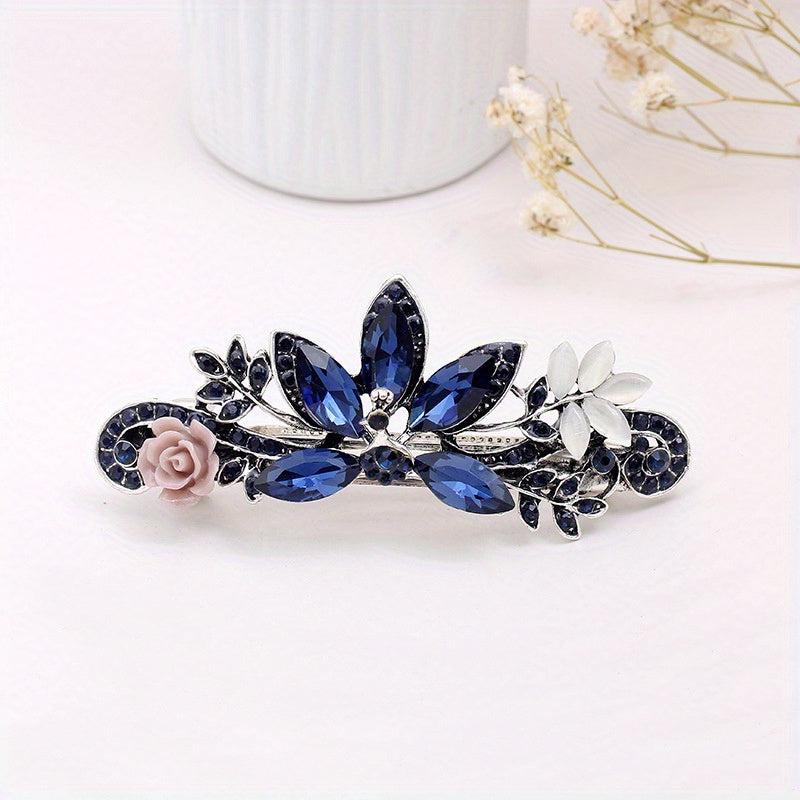 Vintage Rhinestone Barrette Crystal Flower Hair Clip Metal Hair Clip
