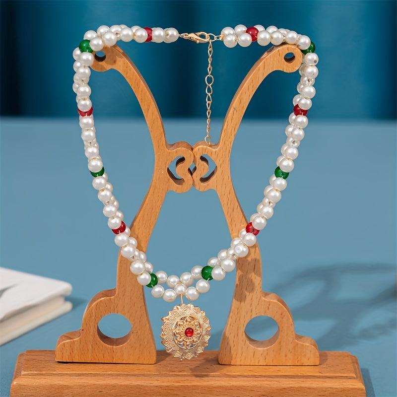 Faux Pearl Necklace with Pendant Forehead Chain