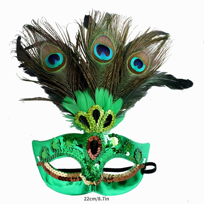 Colorful Faux Peacock Feather Mask Halloween Lady Sequin Glitter