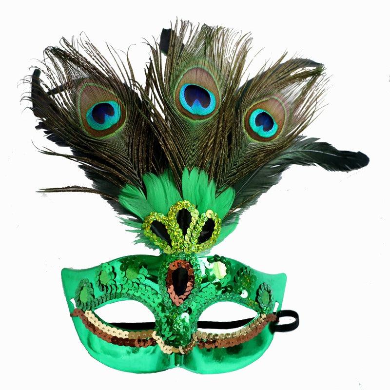 Colorful Faux Peacock Feather Mask Halloween Lady Sequin Glitter