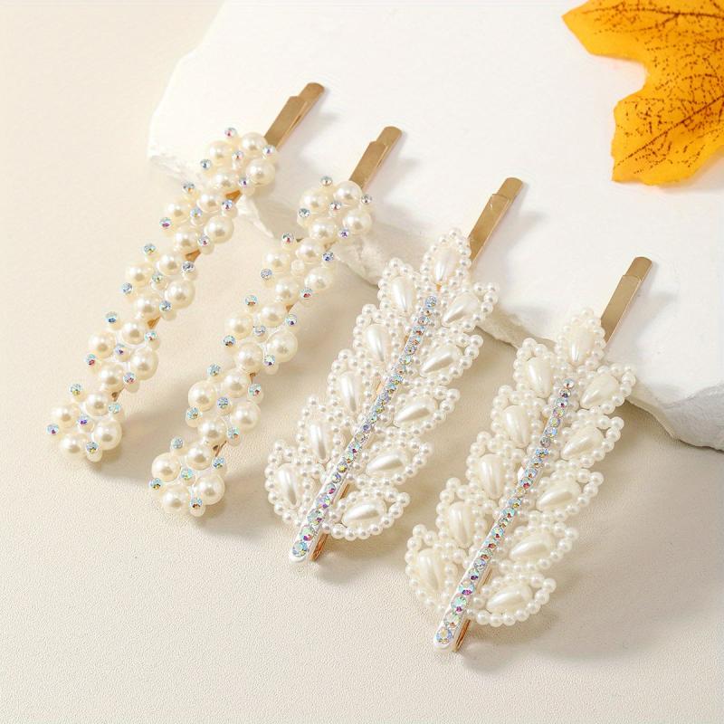 Rhinestone & Pearl Decor Hair Clip Metal Headwear Non Slip Hair Accessory