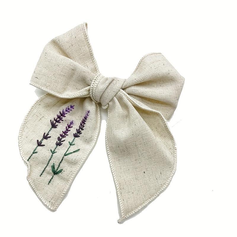 Lavender Embroidery Bow Hair Clip Retro Style Barrette for Women Girls