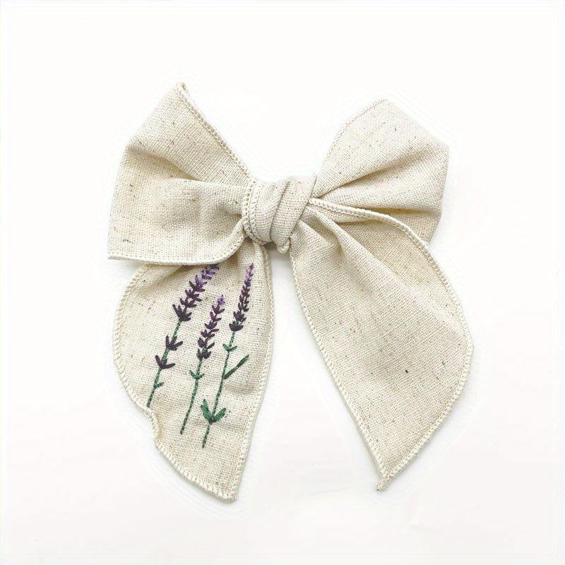 Lavender Embroidery Bow Hair Clip Retro Style Barrette for Women Girls
