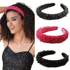 Crystal Beaded Headband Wide Head Hoop Sparkling Headdress Rhinestone Hair Band