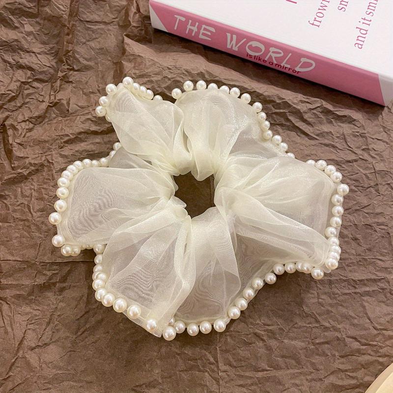 Organza Scrunchies with Faux Pearl Brim Ponytail Holder