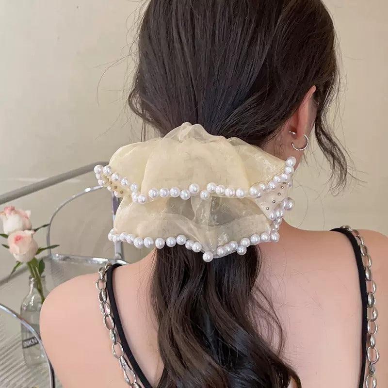 Organza Scrunchies with Faux Pearl Brim Ponytail Holder