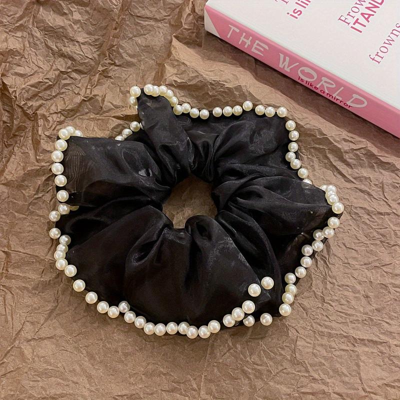 Organza Scrunchies with Faux Pearl Brim Ponytail Holder