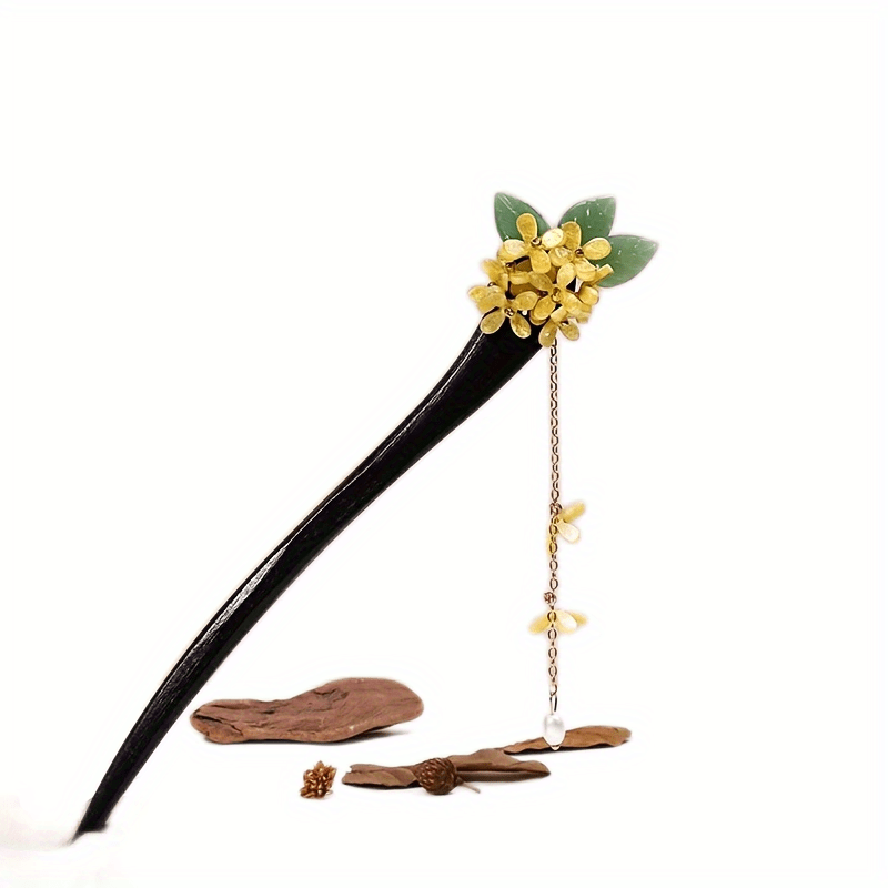 Chinese Style Flower Wooden Hair Stick with Faux Pearl Pendant