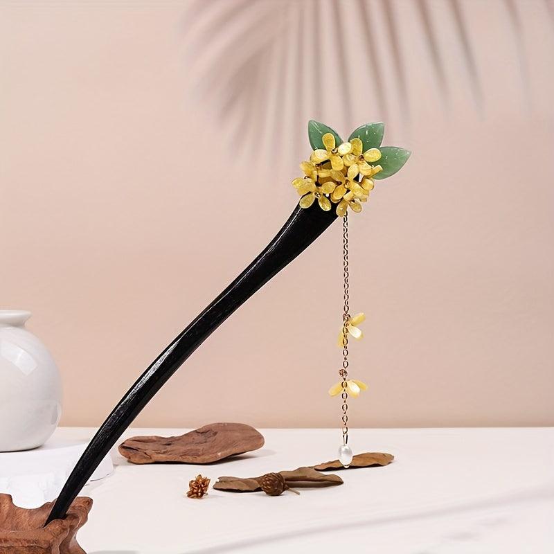 Chinese Style Flower Wooden Hair Stick with Faux Pearl Pendant