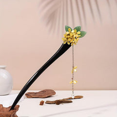 Chinese Style Flower Wooden Hair Stick with Faux Pearl Pendant