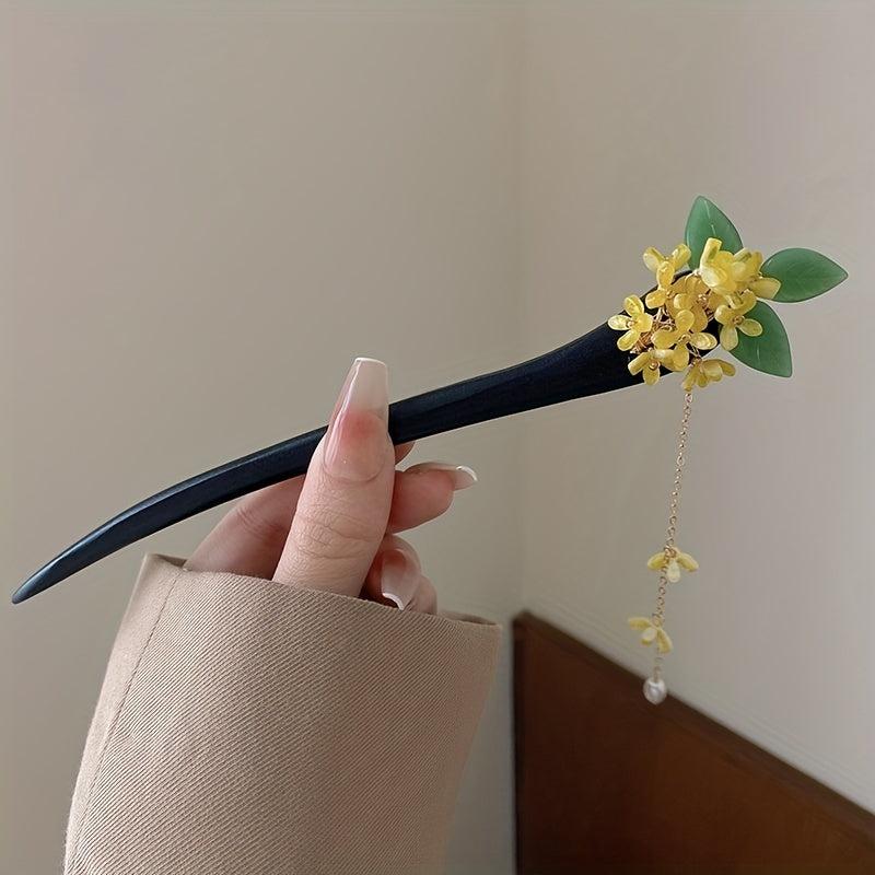 Chinese Style Flower Wooden Hair Stick with Faux Pearl Pendant