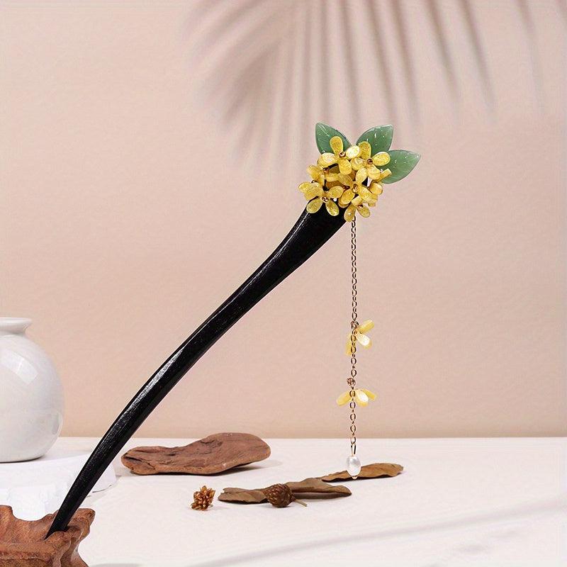 Chinese Style Flower Wooden Hair Stick with Faux Pearl Pendant