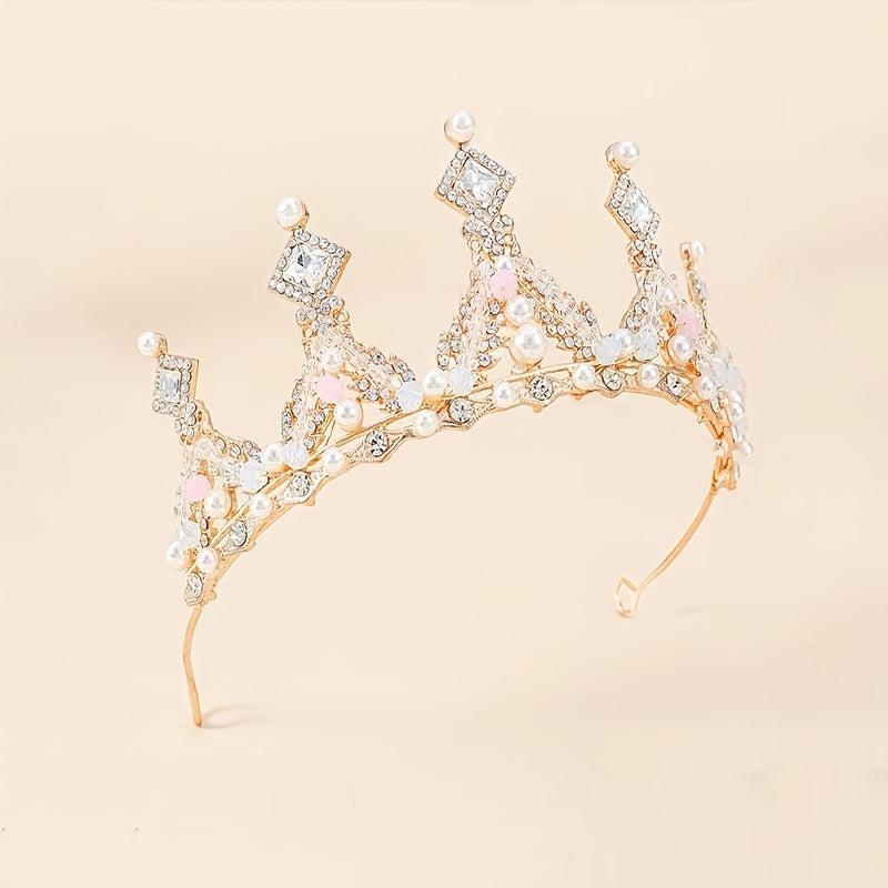 Golden Crystal Tiara Princess Faux Pearl Crown Headband For Bridal Wedding
