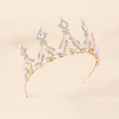 Golden Crystal Tiara Princess Faux Pearl Crown Headband For Bridal Wedding