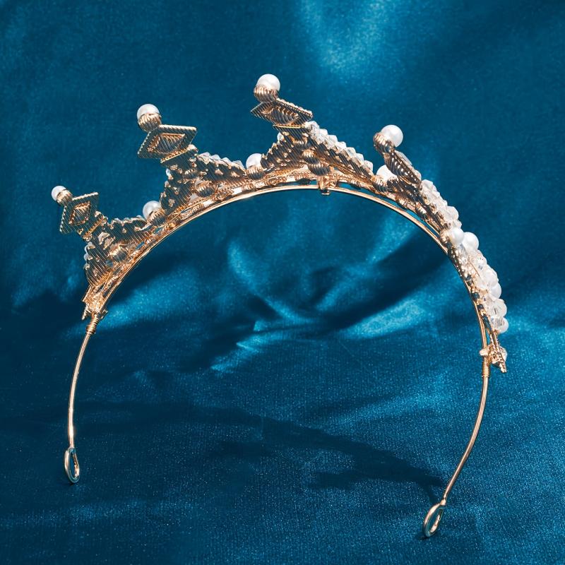 Golden Crystal Tiara Princess Faux Pearl Crown Headband For Bridal Wedding