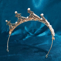 Golden Crystal Tiara Princess Faux Pearl Crown Headband For Bridal Wedding
