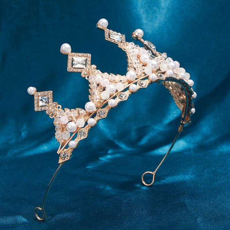 Golden Crystal Tiara Princess Faux Pearl Crown Headband For Bridal Wedding