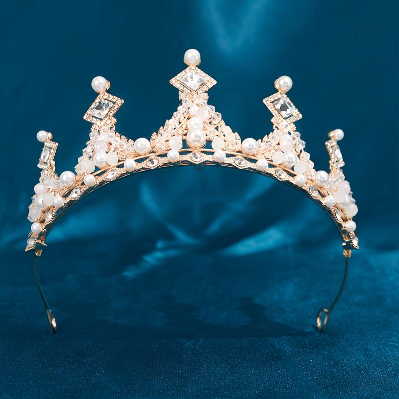 Golden Crystal Tiara Princess Faux Pearl Crown Headband For Bridal Wedding