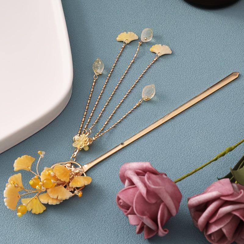 Vintage Ginkgo Tassel Hairpin with Faux Pearl