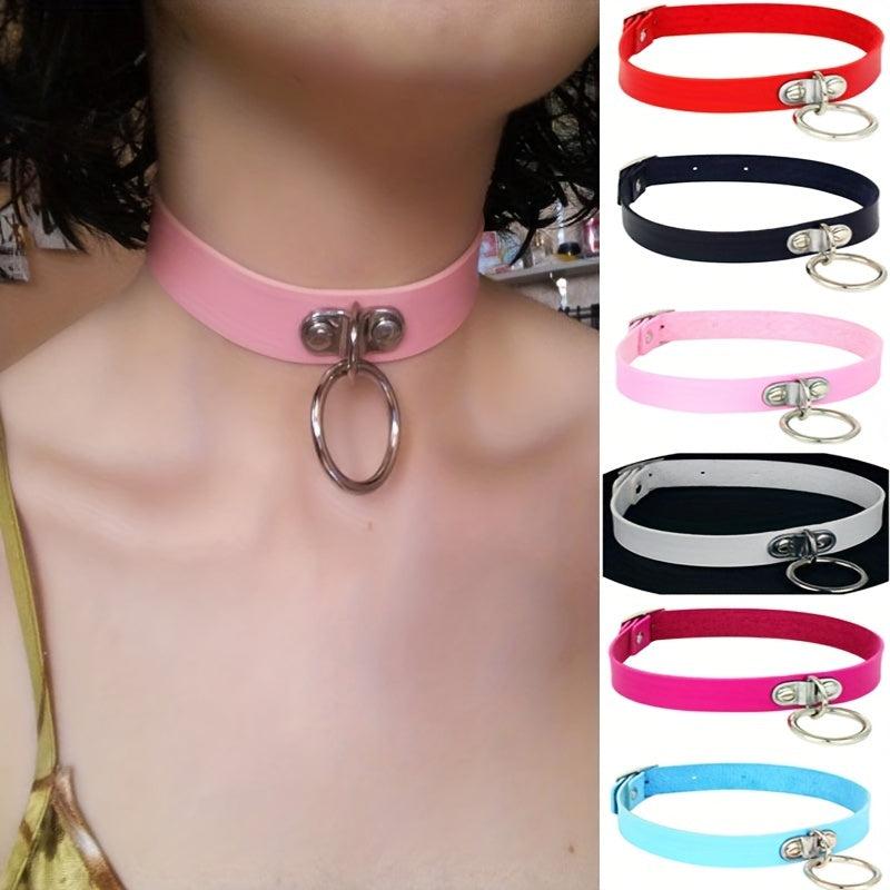 Punk Style Leather Choker with Lifting Ring Buckle