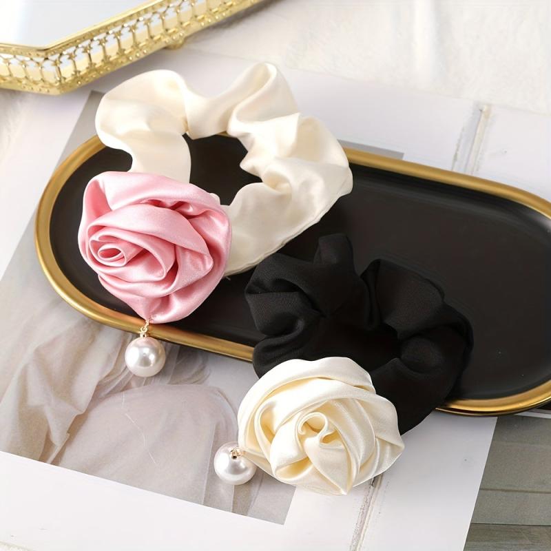 Silky Flower Scrunchies Hair Tie Pearl Hair Rope Sweet Ponytail Holder