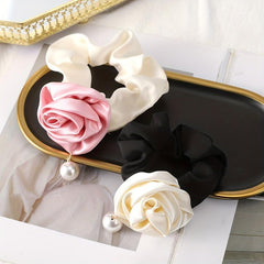Silky Flower Scrunchies Hair Tie Pearl Hair Rope Sweet Ponytail Holder