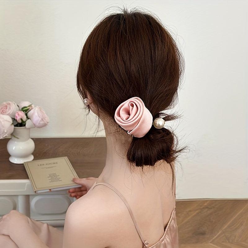 Silky Flower Scrunchies Hair Tie Pearl Hair Rope Sweet Ponytail Holder
