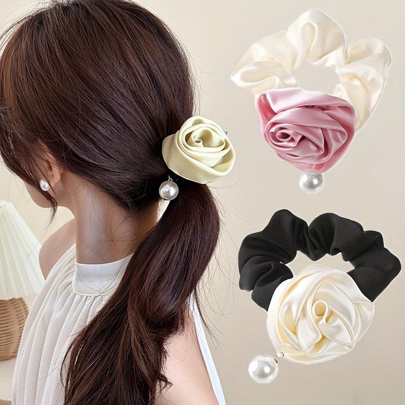 Silky Flower Scrunchies Hair Tie Pearl Hair Rope Sweet Ponytail Holder