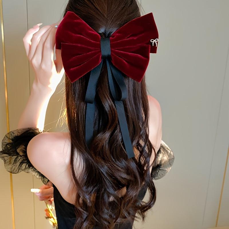 Velvet Hair Bow Barrette Clip with Ribbon for Girls