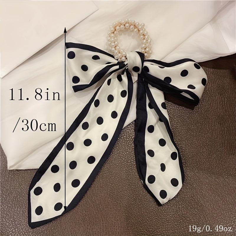 Vintage Faux Pearl Beads Hair Tie Silky Scarf Hair Tie