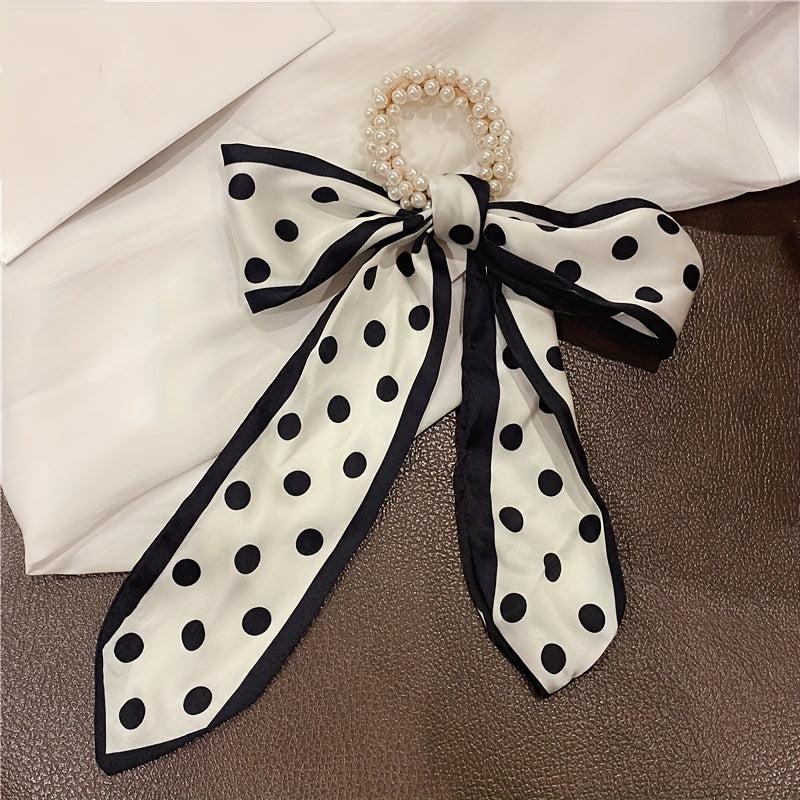 Vintage Faux Pearl Beads Hair Tie Silky Scarf Hair Tie
