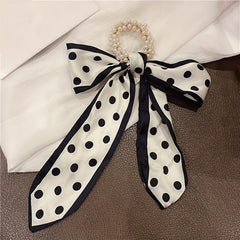 Vintage Faux Pearl Beads Hair Tie Silky Scarf Hair Tie